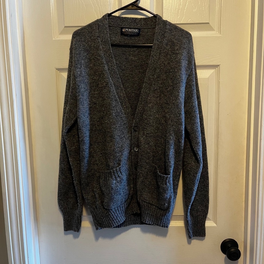 Vintage Puritan Shetland Wool Mens Large Cardigan Charcoal Gray Academia Preppy